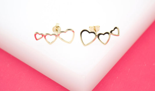 18K Gold Filled Triple Outlined Hearts Stud Earrings-0